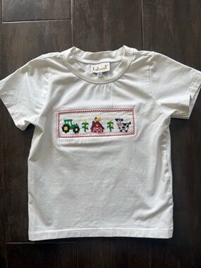 Smocked Boys Farm Embroidered T-Shirt White Tractor Barn Chicken Cow Size 4T